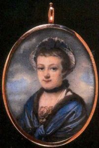A Lady In White Dress, A Blue, Fur Trimmed Shawl Over Her Shoulders, A Rose At Her Corsage