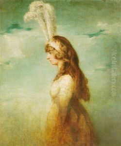 Portrait Of A Lady Wearing A White Dress And Ostrich Feather Headdress by Richard Cosway