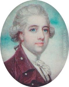 A Gentleman With Powdered Hair En Queue Wearing A Plum Coloured Coat With Pearl Buttons And A White Waistcoat