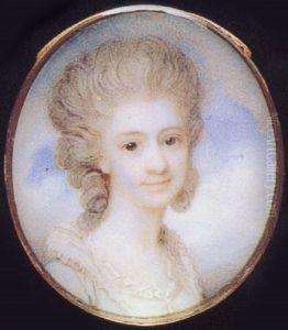 A Lady, In Blue Dress With High Frilled White Collar, Her Hair Curled, Sky Backgroud