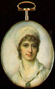 A Lady Wearing White Dress And Turban, A Porotrait Miniature Around Her Neck