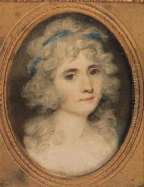 A Lady With Powdered Hair Tied With A Blue Ribbon Wearing A White Dress - view 1