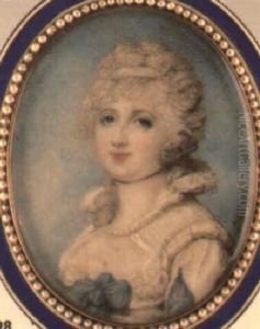 Portrait Of Lady In White Dress Trimmed With Turquoise Ribbon by Richard Cosway