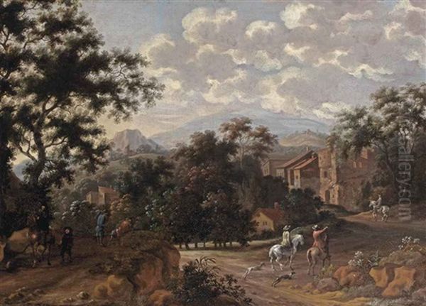 An Italianate Mountainous Landscape With Horsemen Entering A Village - view 1