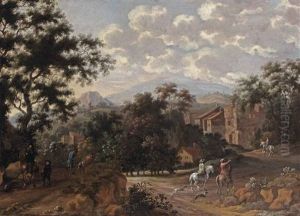 An Italianate Mountainous Landscape With Horsemen Entering A Village by Pieter Cosyn
