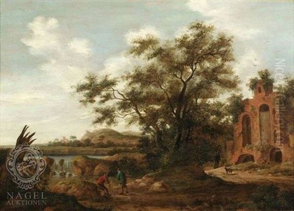 Fluslandschaft Mit Groser Eiche Und Zwei Rastenden Wanderern Vor Fernem Wasserfall, Rechts Ruinoses Gebaude - view 1