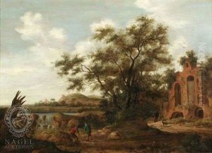 Fluslandschaft Mit Groser Eiche Und Zwei Rastenden Wanderern Vor Fernem Wasserfall, Rechts Ruinoses Gebaude