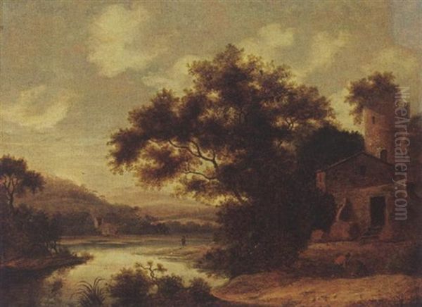 A Wooded River Landscape With Figures Near A Village - view 1