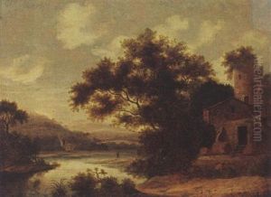 A Wooded River Landscape With Figures Near A Village by Pieter Cosyn