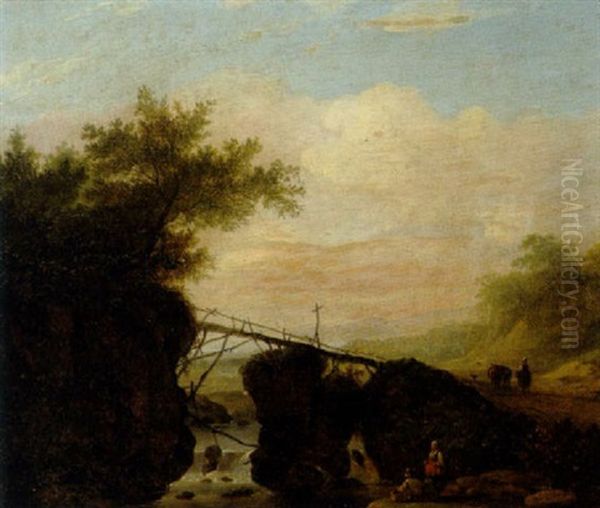 Bewaldete Landschaft Mit Einer Brucke Uber Einem Wasserfall - view 1