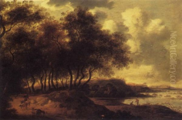 A Wooded River Landscape With A Shepherd And His Flock On A Path, A Fortified House And Mountains Beyond - view 1