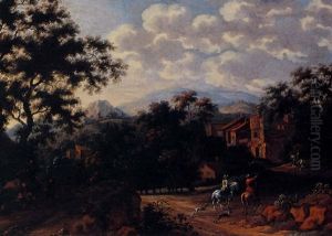 An Italianate Wooded Landscape With Travellers And Horsemen by Pieter Cosyn