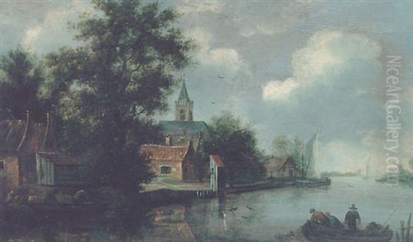 A River Landscape With Fishermen Casting Nets From A Boat - view 1