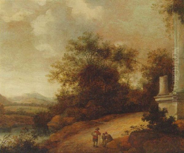 A Wooded Landscape With Travellers Resting On A Track Before A Ruin - view 1