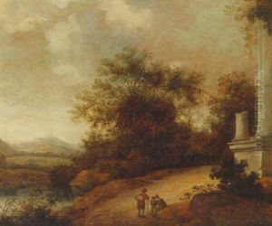 A Wooded Landscape With Travellers Resting On A Track Before A Ruin by Pieter Cosyn