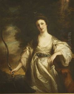 Portrait Of Joyce Lake As Diana, Three-quarter Length, In A White Dress And Holding A Bow, A Dog By Her Side, In A Wooded Landscape