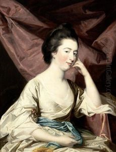 Portrait Of Lady Fortescue, Seated, Half-length, In A White Silk Dress Before A Red Curtain
