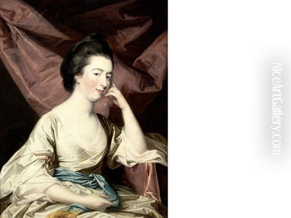 Portrait Of Lady Fortescue, Seated, Half-length, In A White Silk Dress Before A Red Curtain - view 1
