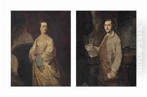 Portrait Of A Lady, Three-quarter-length, In A White Dress, Holding A Book In Her Right Hand, Beside An Urn And Portrait Of A Gentleman (pair) by Francis Cotes