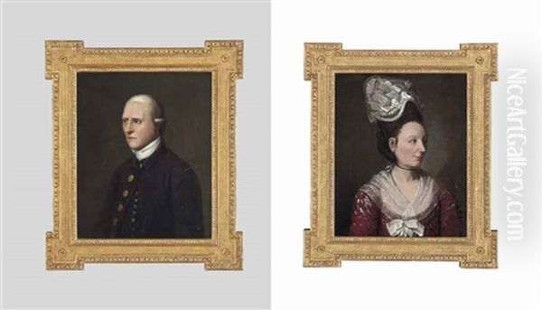 Portrait Of A Lady, Half-length, In A Red Floral Dress And White Bonnet And Portrait Of A Gentleman, Half-length In A Dark Blue Coat And White Stock (pair) - view 1