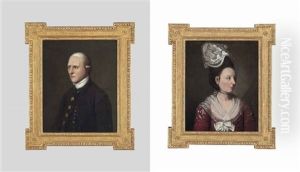 Portrait Of A Lady, Half-length, In A Red Floral Dress And White Bonnet And Portrait Of A Gentleman, Half-length In A Dark Blue Coat And White Stock (pair) Portrait Of A Lady, Half-length, In A Red Floral Dress And White Bonnet And Portrait Of A Gentleman, Half-length In A Dark Blue Coat And White Stock (pair)