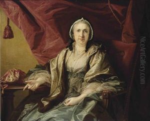 Portrait Of Mrs Brett, Three-quarter-length, In A Blue Dress, Spotted Voile Wrap And Lace Cap, Seated In A Red Chair By A Table, With Her Sewing Bag, A Red Draped Curtain Beyond