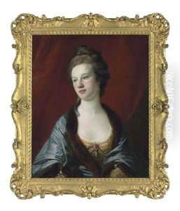 Portrait Of A Lady In A Yellow Embroidered Dress And A Blue, Fur-trimmed Shawl, A Red, Draped Curtain Beyond