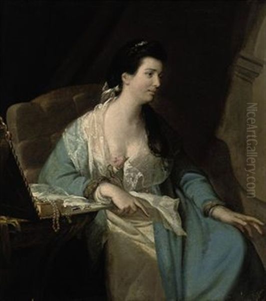 Portrait Of A Lady Seated In A Fur-trimmed Blue Dress With A Lace Wrap Beside A Table With A Box Of Jewels - view 1