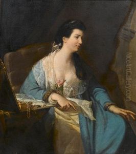 Portrait Of A Lady, Three-quarter-length, In A Blue Dress With A White Lace Shawl Held With A Pink Rose, Seated At Her Dressing Table