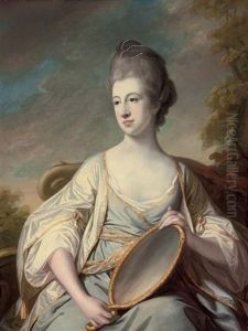 Portrait Of Mary Dering In An Oyster Satin Dress With Gold Trim, Holding A Mirror, In A Landscape