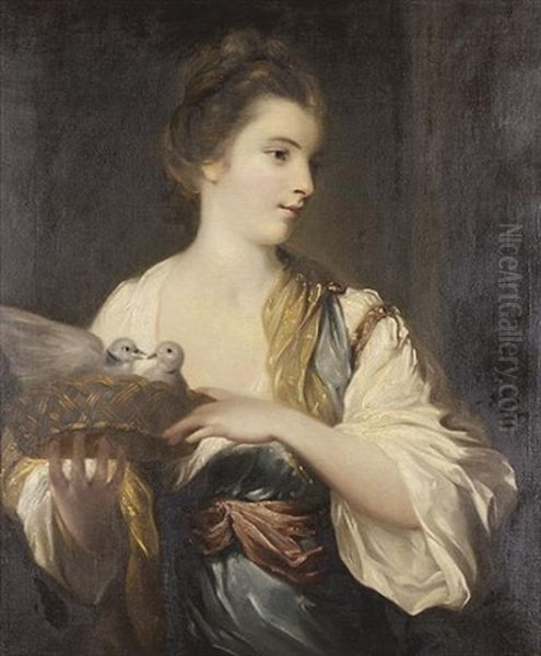 Portrait Of A Lady In A Pale Blue And White Dress With A Pink Sash At Her Waist, Holding A Basket Of Doves - view 1