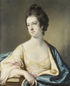 Portrait Of Lucy Ann Byron In A White Dress With Yellow Embroidery, And A Blue Wrap, Leaning On A Ledge