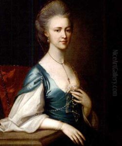 Portrait Of A Lady In A Blue Satin Dress, Seated At A Table by Francis Cotes