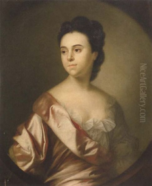 Portrait Of A Lady In A White Dress And Pink Silk Wrap, With A Pearl Choker - view 1