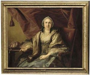 Portrait Of Mrs. Bett In A Blue Dress, Spotted Voile Wrap And Lace Cap, Seated In A Red Chair By A Table, On Which Is Her Sewing Bag, A Red Draped Curtain Beyond