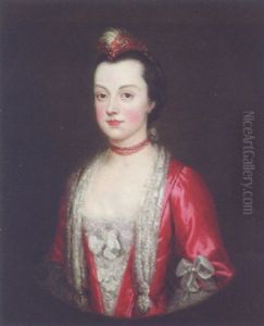 Portrait Of A Lady In A Red Dress With Lace Trimming, And A Feather In Her Hair