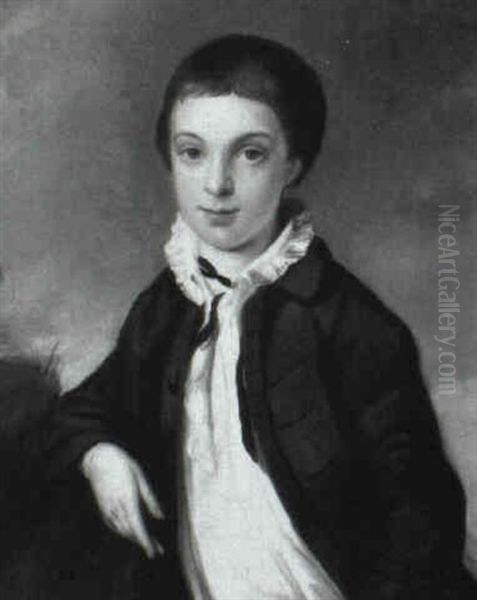 Portrait Of A Boy, Half Length, Wearing A White Shirt And Green Coat In A Landscape - view 1