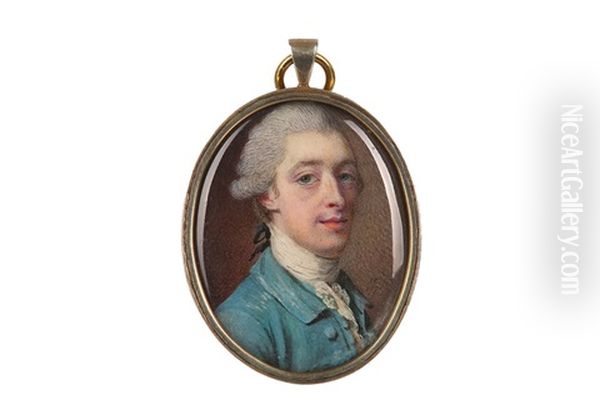 Portrait Miniature Of A Gentleman, Wearing A Green Coat And White Lace Jabot, His Hair Powdered And Worn En Queue Dated 1771 by Samuel Cotes