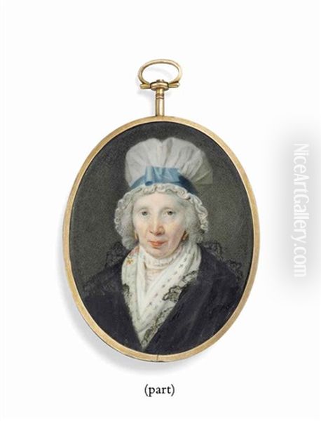 A Lady, In Black Lace-trimmed Gown, Woollen Scarf And Small Lace Ruff, Gold Earrings And White Mob-cap With Blue Ribbon - view 1