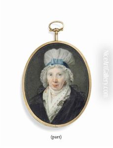 A Lady, In Black Lace-trimmed Gown, Woollen Scarf And Small Lace Ruff, Gold Earrings And White Mob-cap With Blue Ribbon by Samuel Cotes