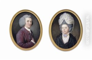 A Pair Of Miniatures: A Gentleman, In Purple Coat And Waistcoat And White Shirt And Cravat, Powdered Wig, His Right Hand Inside His Waistcoat by Samuel Cotes