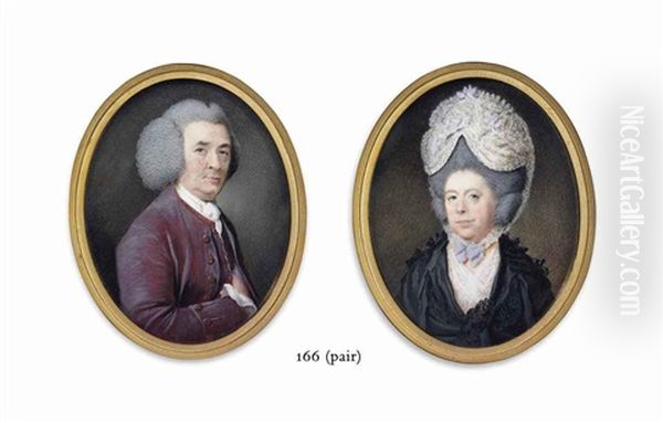 A Gentleman, In Purple Coat And Waistcoat And White Shirt And Cravat, Powdered Wig; A Lady, In A Black Silk Dress (pair) by Samuel Cotes