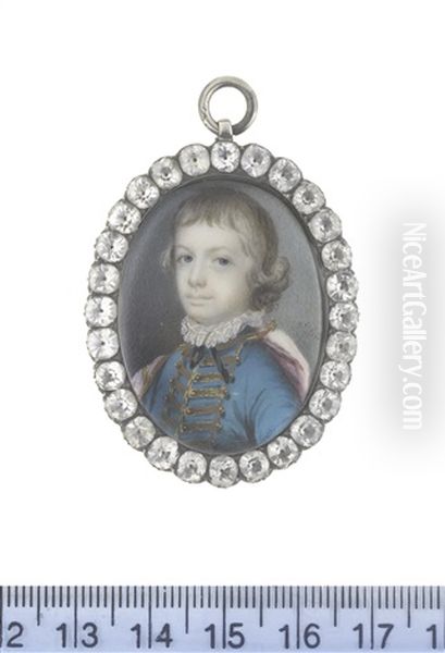 A Young Boy, Wearing Turquoise Coat With Gold Lace, White Chemise With Frilled Collar, Black Ribbon Neck Tie And Mauve Cloak Draped Over His Shoulders, His Blonde Hair Worn Short - view 1