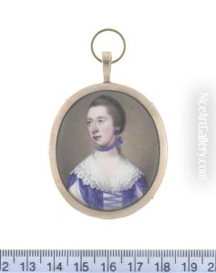 A Lady, Wearing Blue Dress With Laced Bodice, Slashed To Reveal White Chemise With Double-tiered Lace Collar, Matching Blue Ribbon Choker And Earring, Her Hair Upswept And Dressed With Blue Ribbon