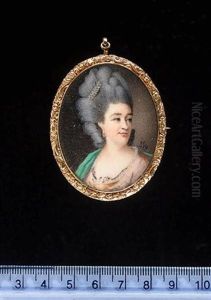 A Lady Wearing Pink Dress With White Trim And A Green Robe Draped Across Her Left Shoulder, Her Hair Powdered And Adorned With Strands Of Pearls by Samuel Cotes