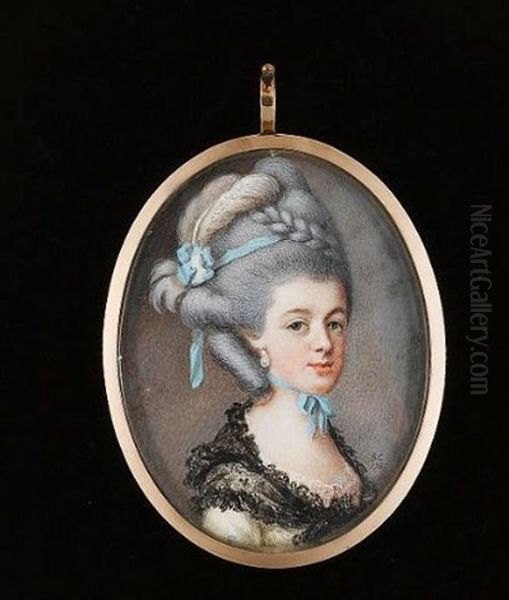 A Lady, Wearing White Dress, Pink Lace Underslip And Black Lace Shawl Tied About Her Shoulders, Drop Pearl Earring, Pale Blue Ribbon Tied About Her Neck, A Further Blue Ribbon In Her Upswept Hair - view 1
