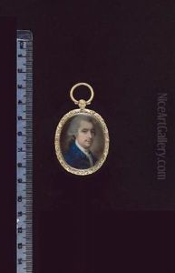 A Gentleman, Wearing Blue Coat With Gold Figured Button Holes, White Lace Cravat And Powdered Wig Worn En Queue With A Black Ribbon Bow by Samuel Cotes