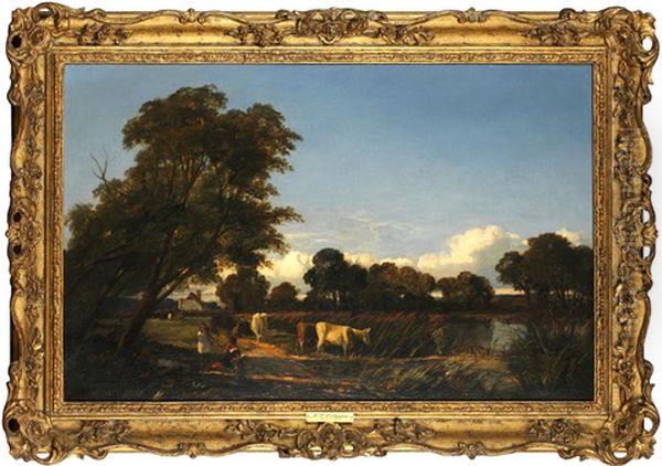 Figures And Cattle By A Pond, A Cottage Beyond - view 1
