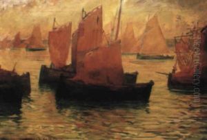 Barques Sardinieres Aux Voiles Rouges by Charles Cottet