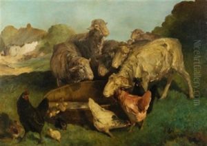 Schafe Und Huhner An Einem Wassertrog In Gebirgiger Landschaft by Eugene Cottin